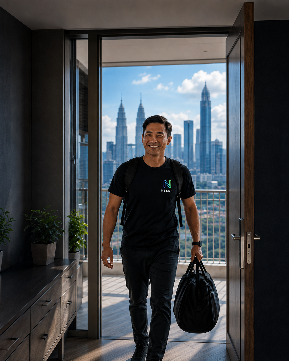 A NEEDS helper arriving at a customer home in Kuala Lumpur wearing the NEEDS logo